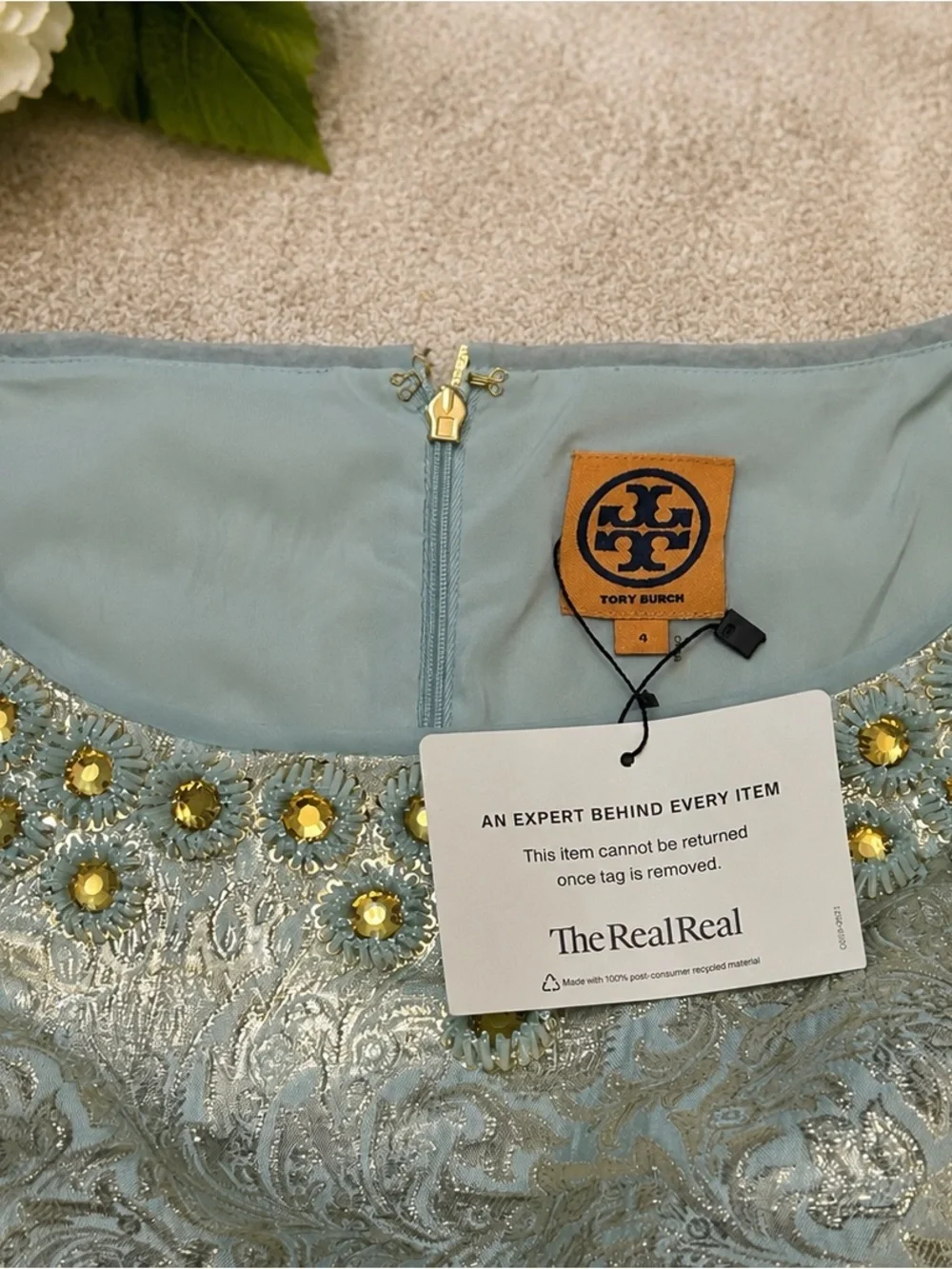 Tory Burch Light Blue and Gold Brocade Midi Dress